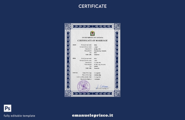 Modello PSD del certificato di matrimonio della Tanzania in stile verificato